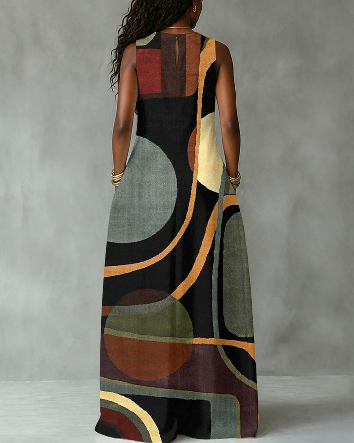 Abstract Geometric Polka Dot Stripes Print Sleeveless Maxi Dress