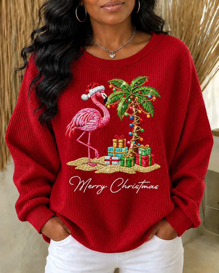 Christmas Flamingo and Palm Tree Waffle Weave Round Neck Sweatshirt