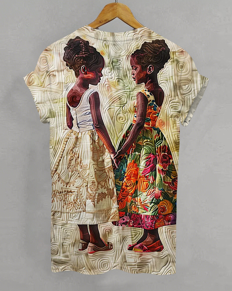 Sisterly Ties Portrait Print Crew Neck Short Sleeve T-Shirt