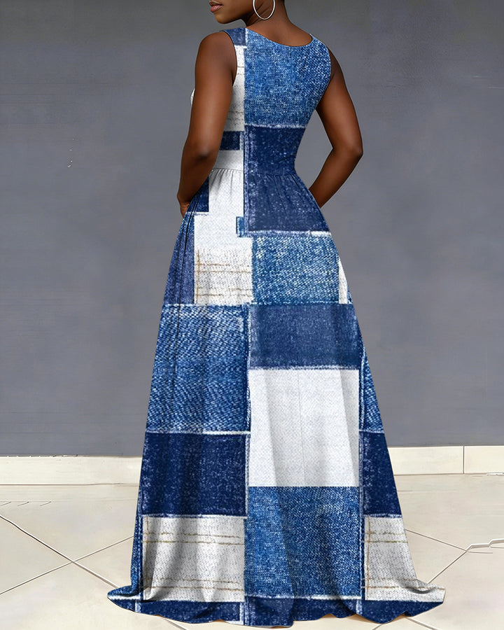 V Neck Denim Style Print Sleeveless Pocket Maxi Dress
