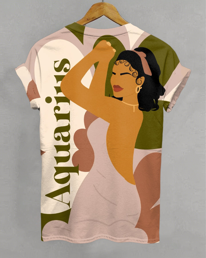 Aquarius Cartoon Illustrations Print Crew Neck Short Sleeve Tshirt