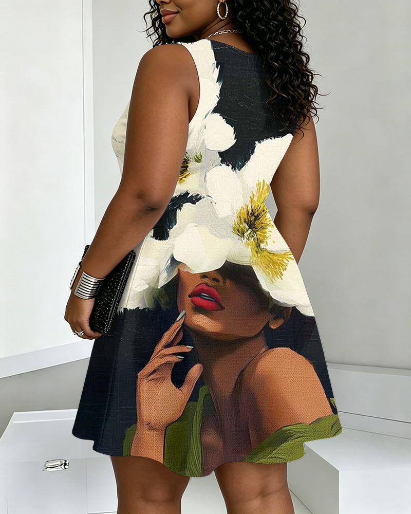 Black Digital Art Flowers Print Round Neck Sleeveless Mini Casual Dress