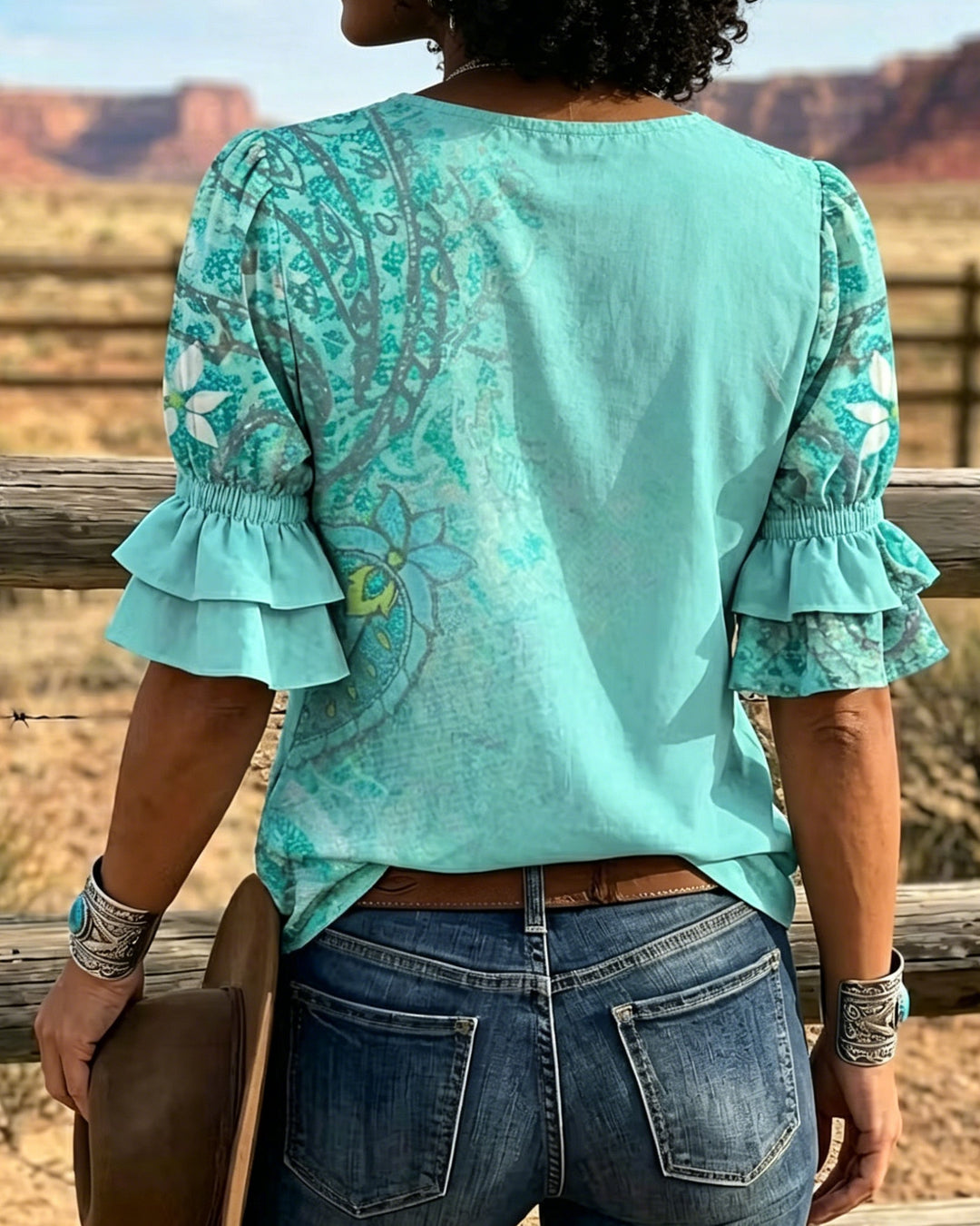 Western Sapphire Flowers Print V-neck Puff Sleeve Ruffle Shirt