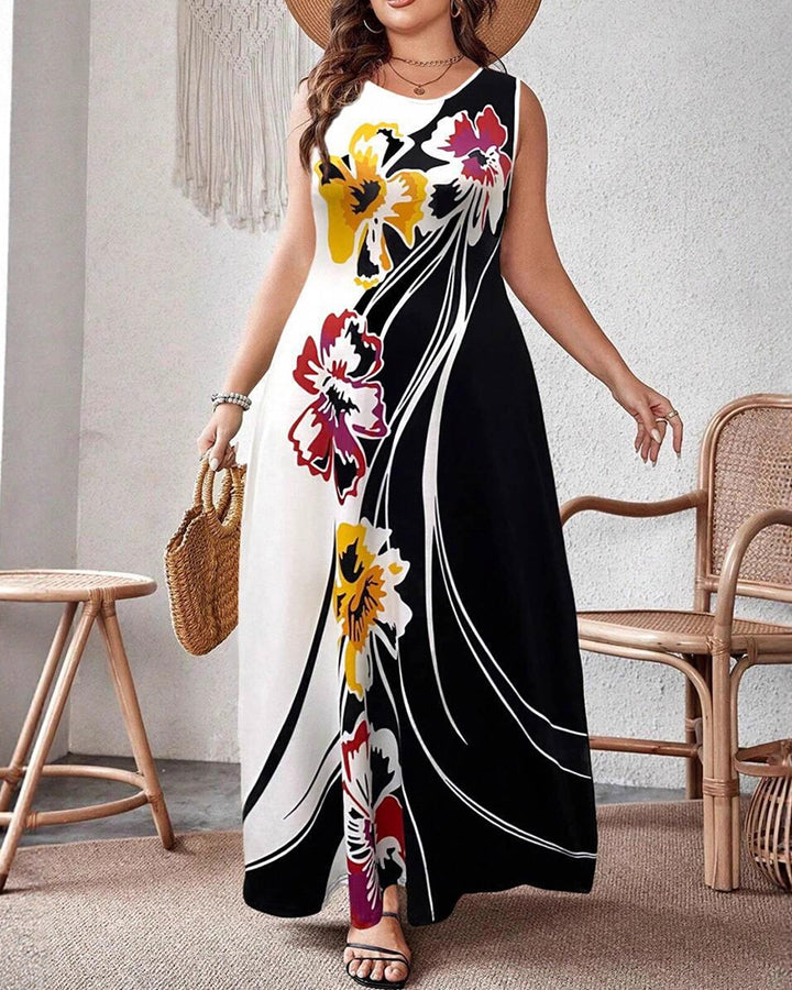 XL-5XL Plus Size Women's Bohemian Floral Sleeveless Long Dress