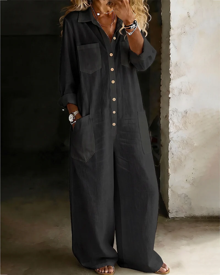 Cotton Linen Lapel Collar Casual Wide Leg Jumpsuit