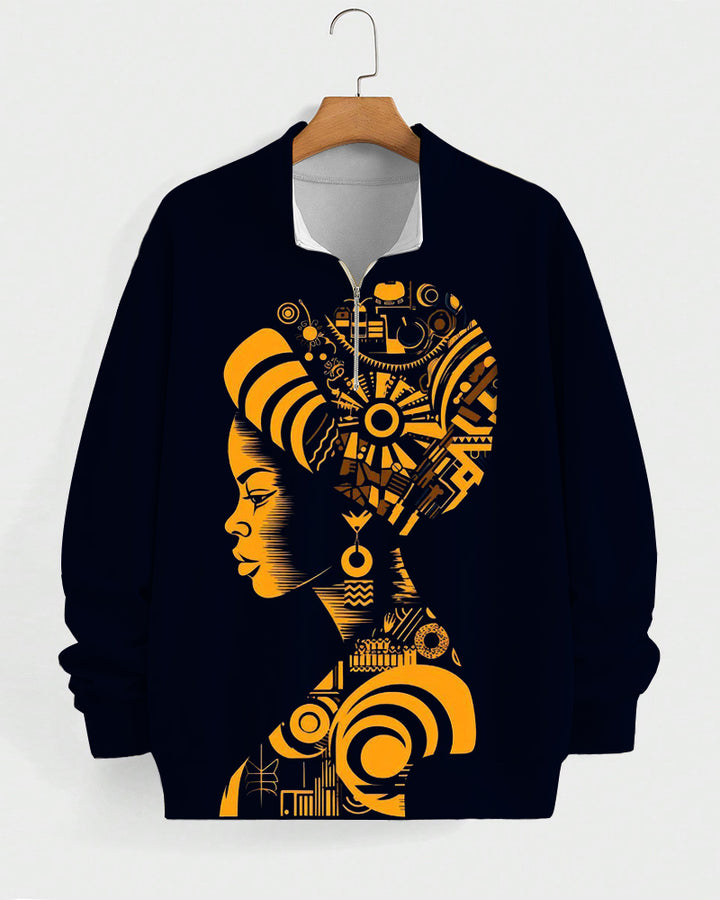 Retro Ethnic Portrait High Collar Zipper Long Sleeve Casual Sweatshirt