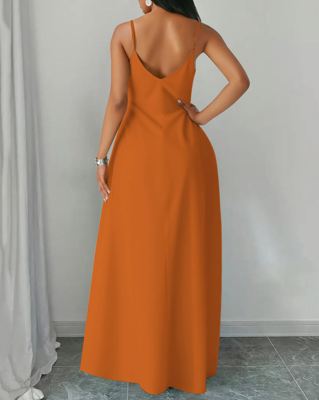 Sling Brown Woman Art Pocket Maxi Dress