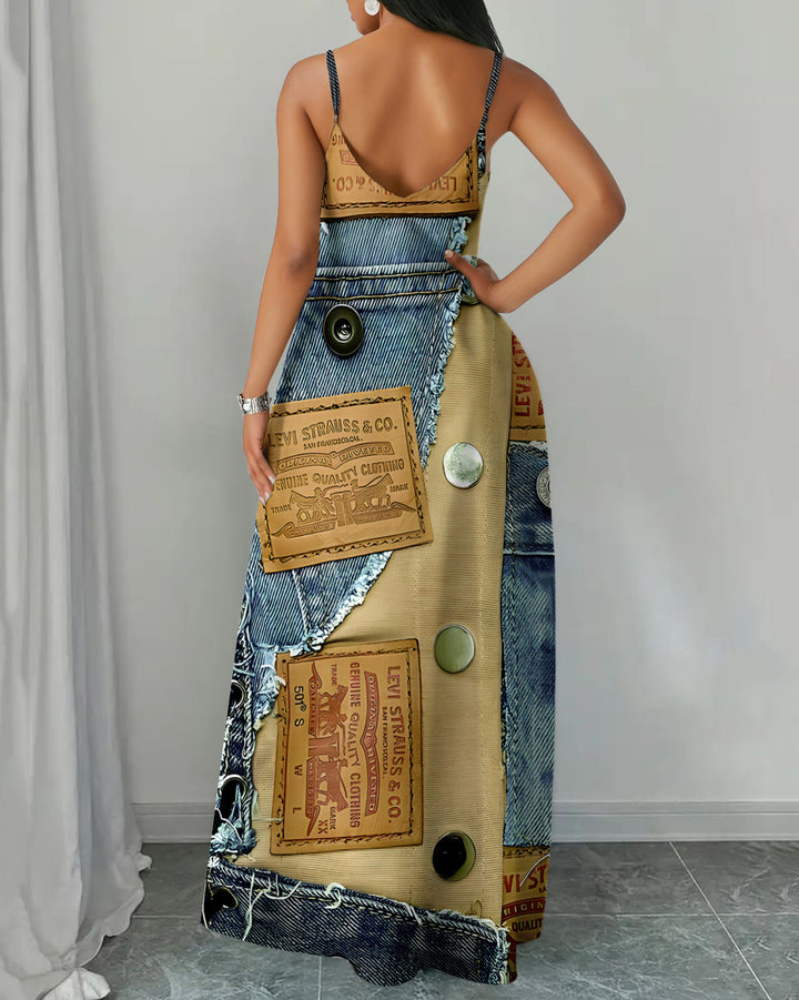 Sling Funny Denim Patches Pocket Maxi Dress