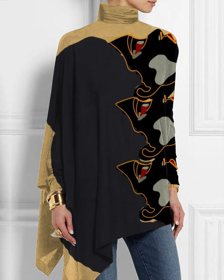 Artistic Afro Black Personality Printed Irregular Long Sleeve Top
