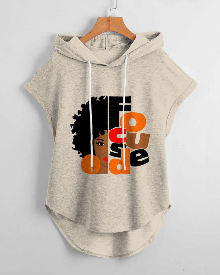 Focused Black Girl Magic Low Hem Drawstring Hooded Tee