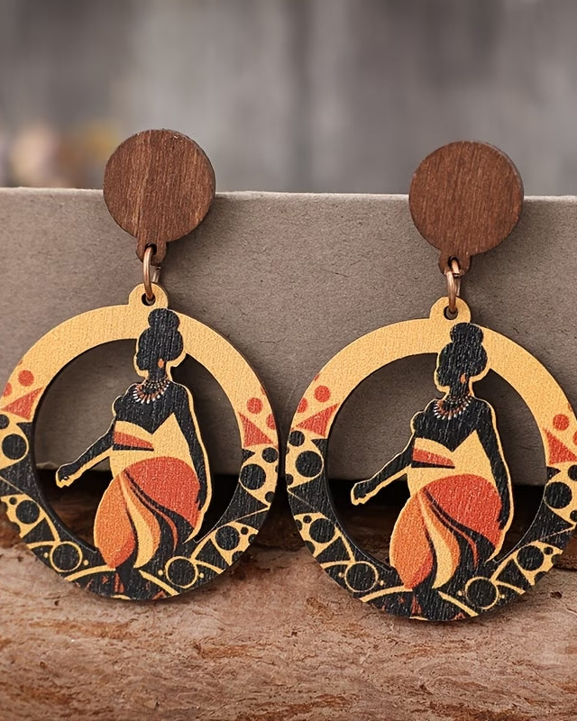 A Pair of Vintage Bohemian-style Round Hollow-out African Figure Sunset Wooden Fashion Creative Earrings