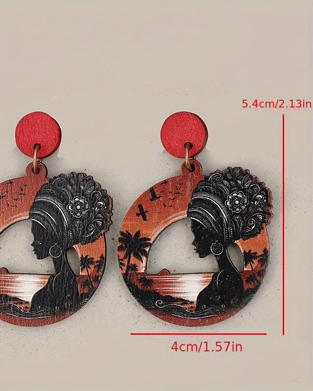 A Pair of Vintage Bohemian-style Round Hollow-out African Figure Sunset Wooden Fashion Creative Earrings