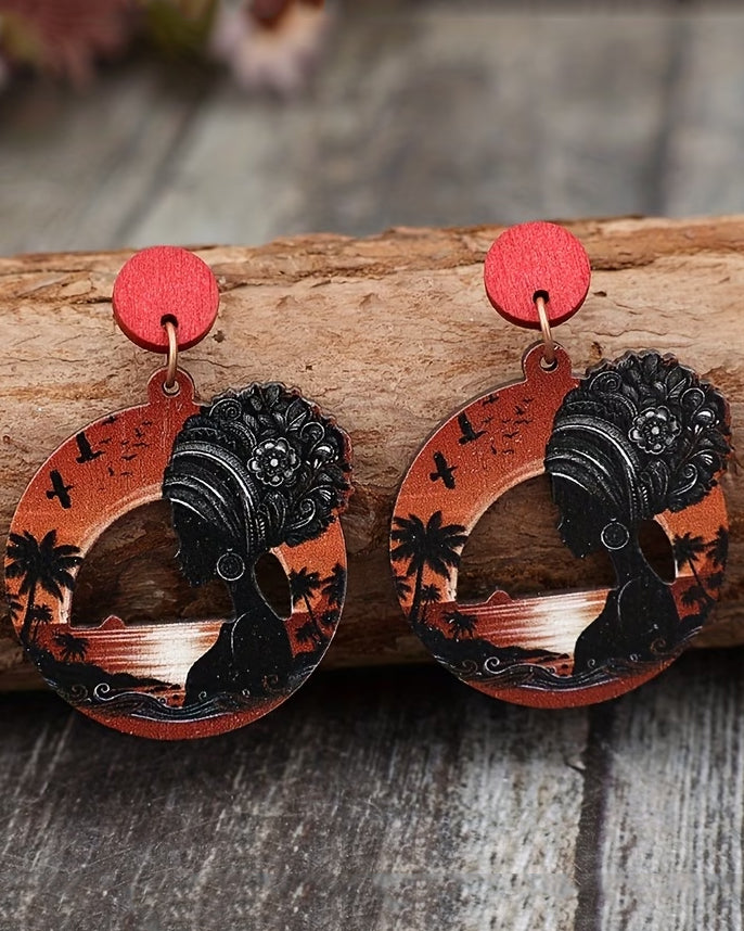 A Pair of Vintage Bohemian-style Round Hollow-out African Figure Sunset Wooden Fashion Creative Earrings