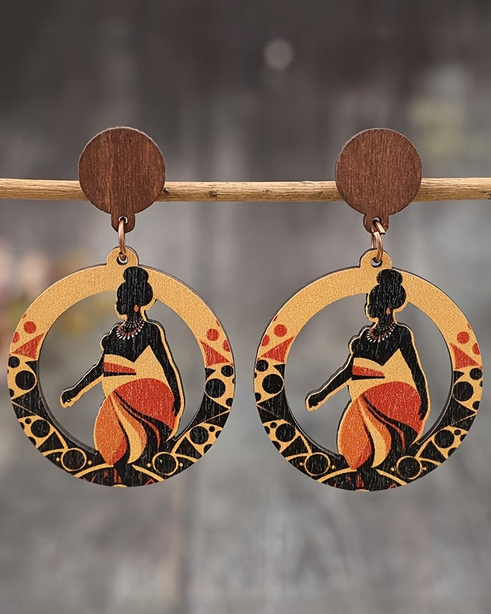 A Pair of Vintage Bohemian-style Round Hollow-out African Figure Sunset Wooden Fashion Creative Earrings