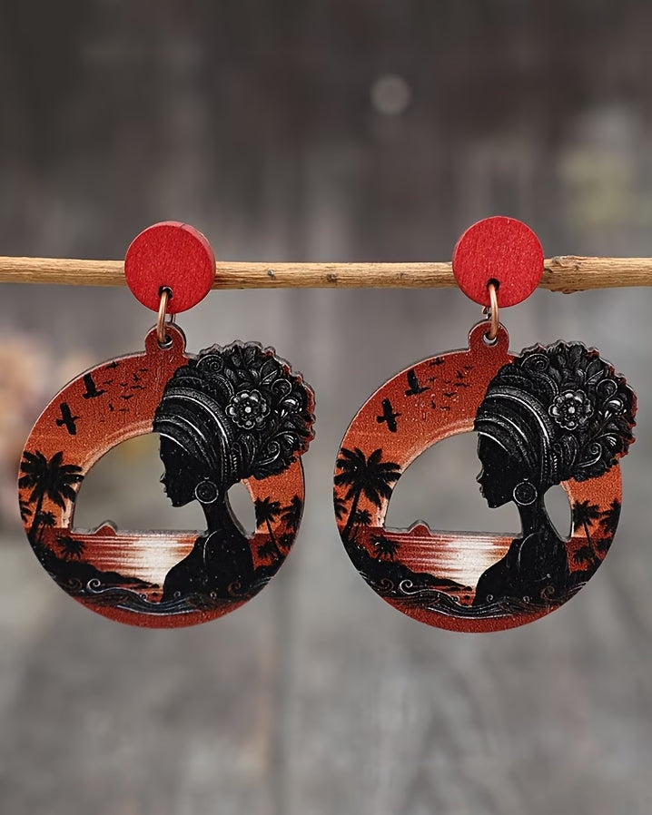A Pair of Vintage Bohemian-style Round Hollow-out African Figure Sunset Wooden Fashion Creative Earrings