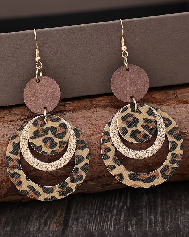 Hollow Circle Leopard Print Sequin Patch Wood Chip PU Earrings