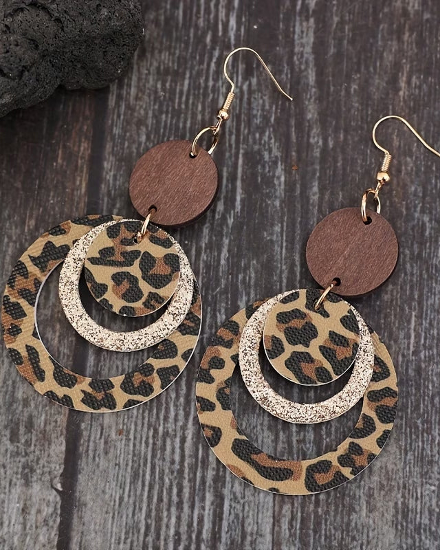 Hollow Circle Leopard Print Sequin Patch Wood Chip PU Earrings