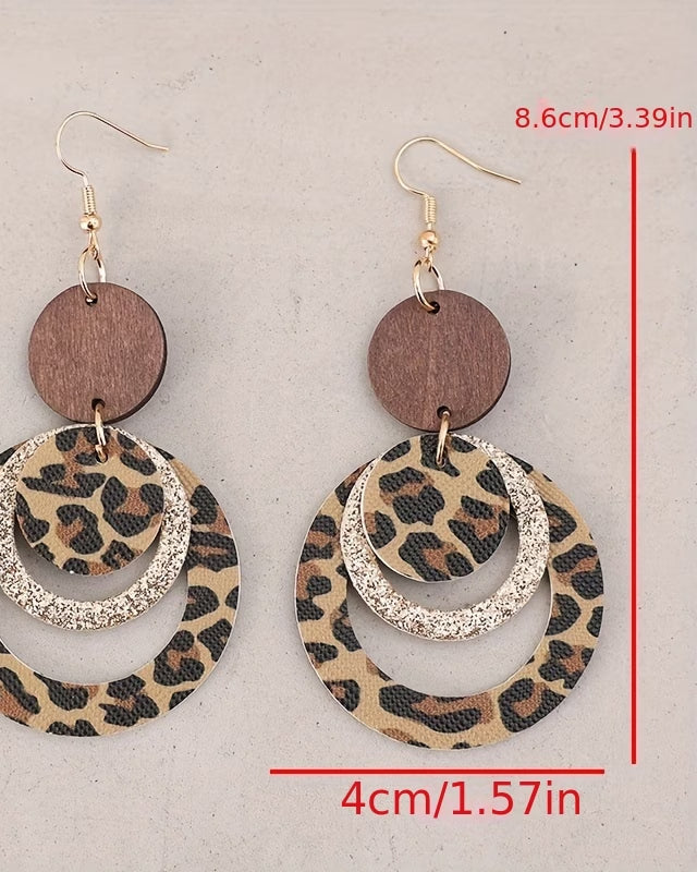 Hollow Circle Leopard Print Sequin Patch Wood Chip PU Earrings