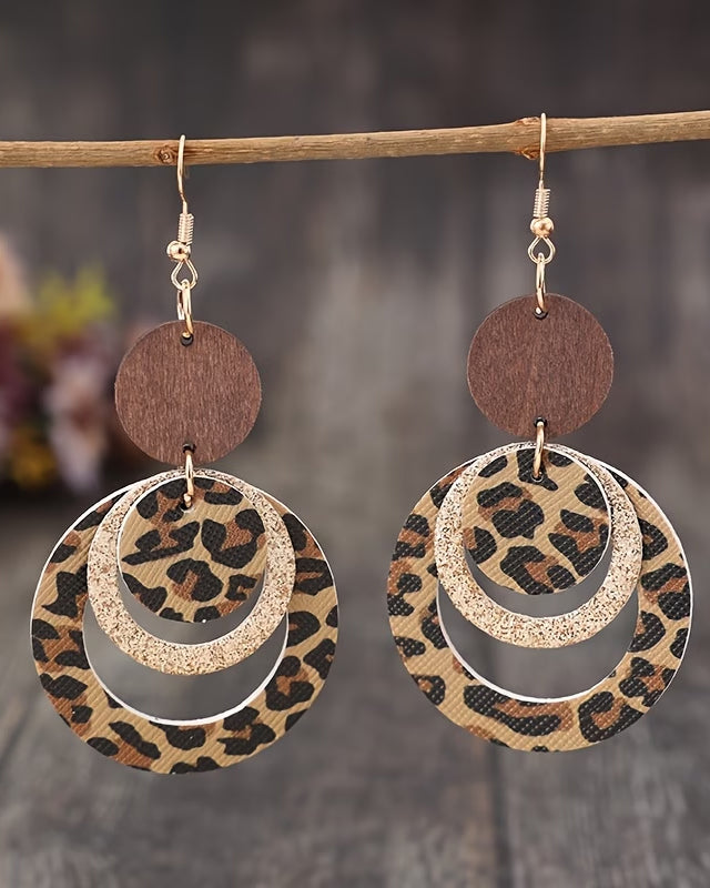 Hollow Circle Leopard Print Sequin Patch Wood Chip PU Earrings