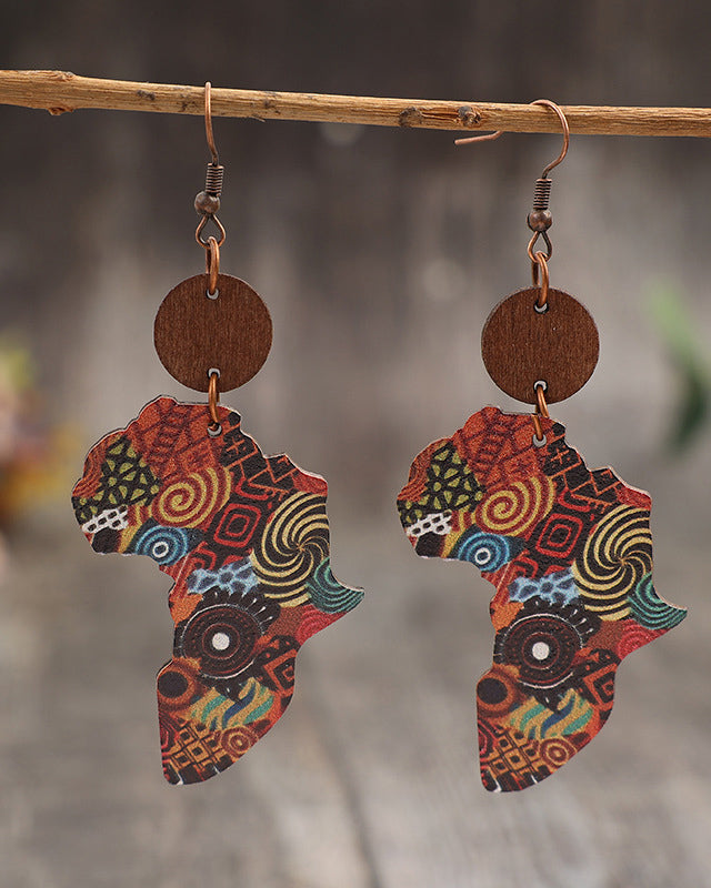 1 Pair of New Vintage-style Creative Map Print Pattern Wooden Bohemian Earrings