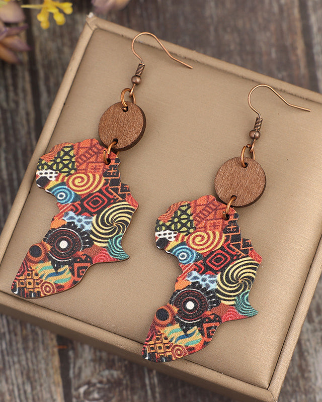 1 Pair of New Vintage-style Creative Map Print Pattern Wooden Bohemian Earrings