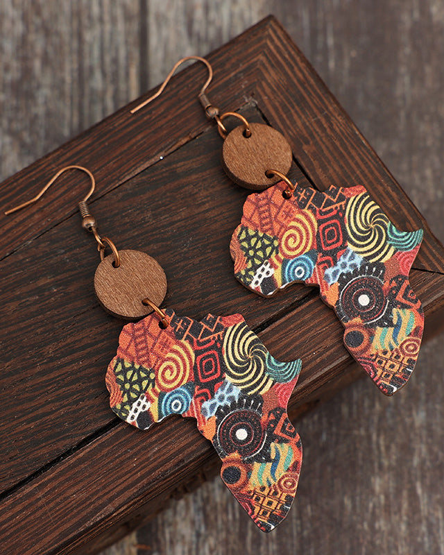 1 Pair of New Vintage-style Creative Map Print Pattern Wooden Bohemian Earrings