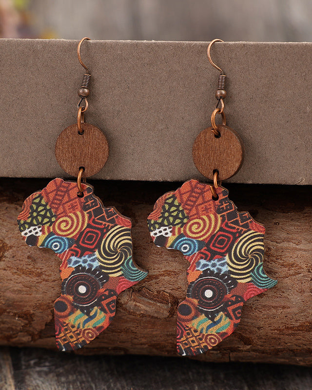 1 Pair of New Vintage-style Creative Map Print Pattern Wooden Bohemian Earrings