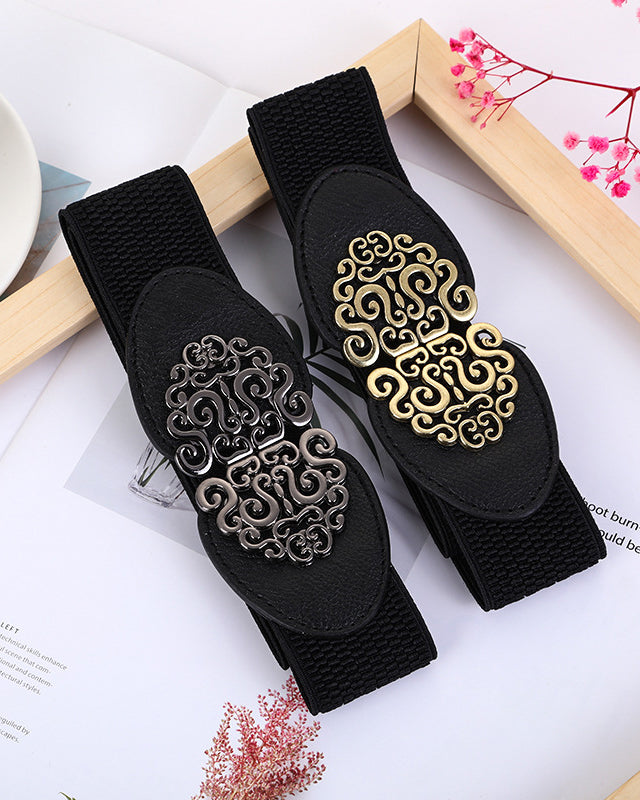 Vintage Floral Buckle Wide Elastic Waist Belt