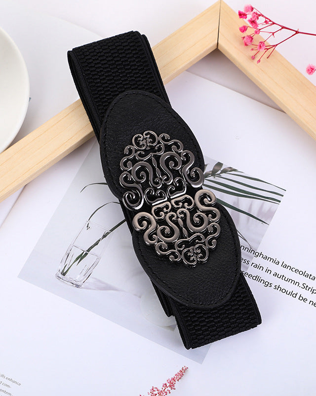 Vintage Floral Buckle Wide Elastic Waist Belt