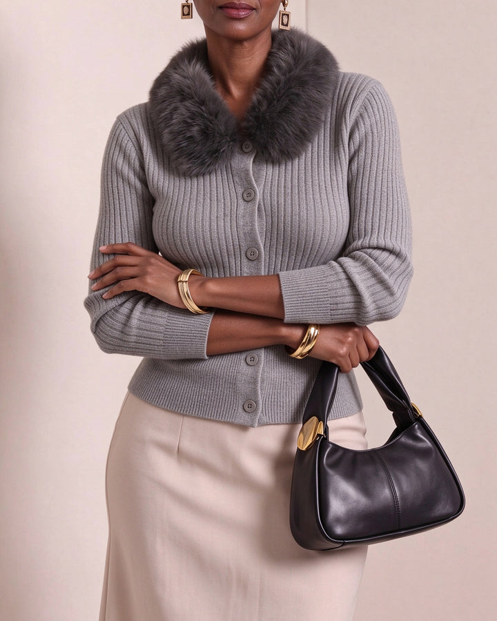 Fur Collar Button Down Knit Stretch Cropped Cardigan