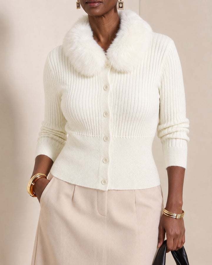 Fur Collar Button Down Knit Stretch Cropped Cardigan
