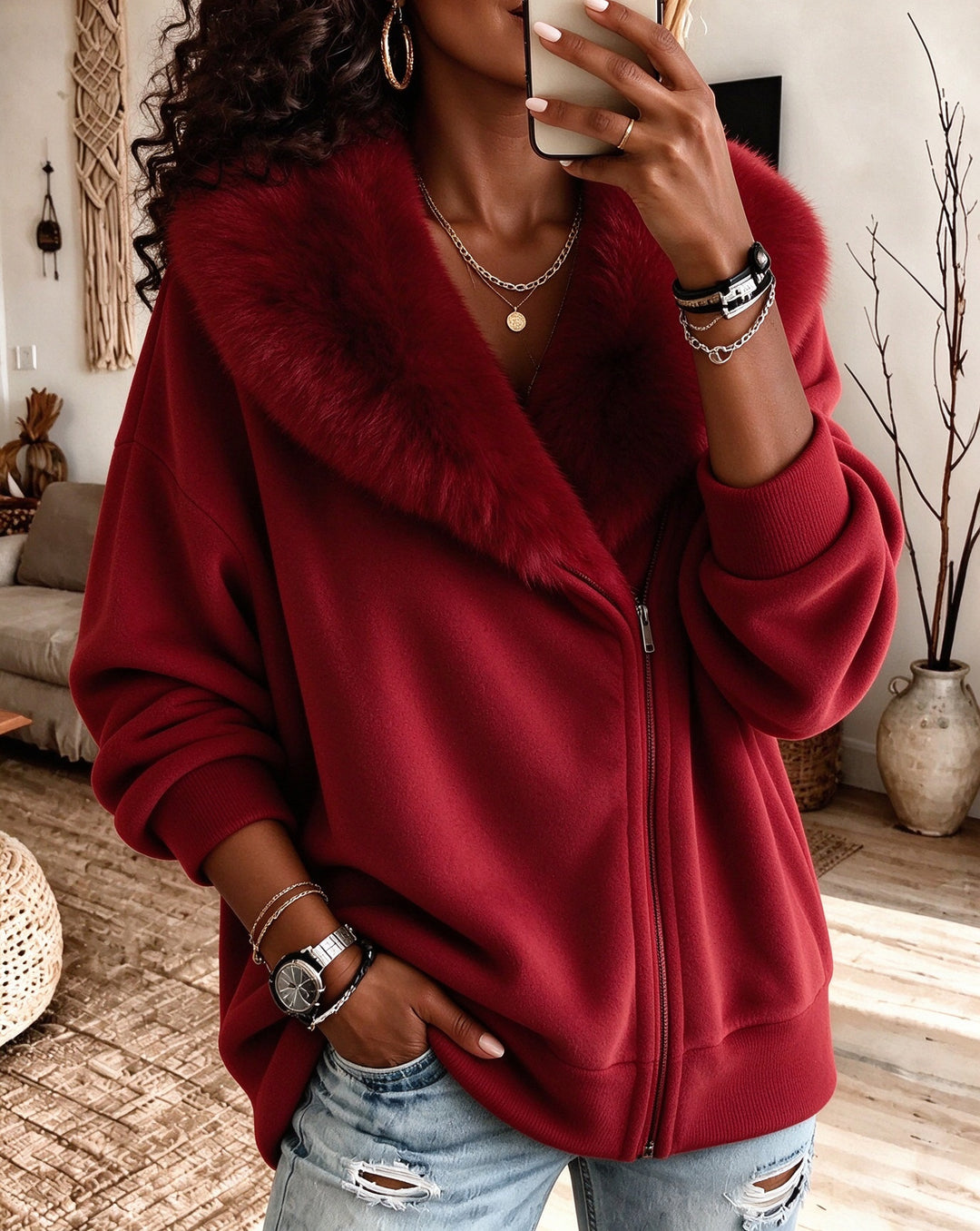 Women's Faux Fur Collar Zip Up Loose Long Sleeve Fleece Jacket