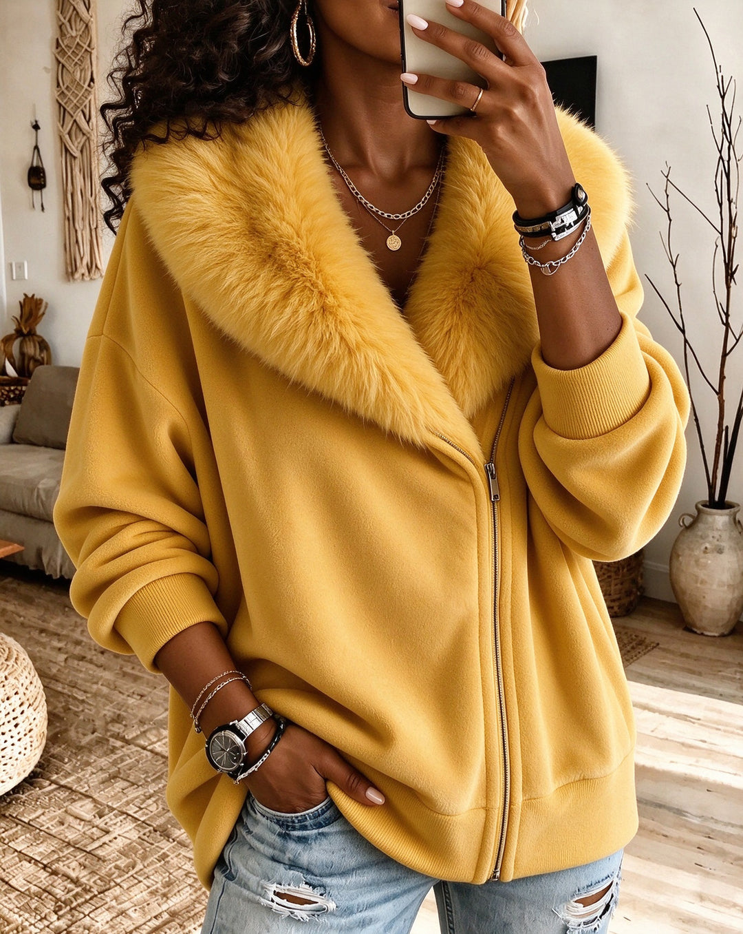 Women's Faux Fur Collar Zip Up Loose Long Sleeve Fleece Jacket