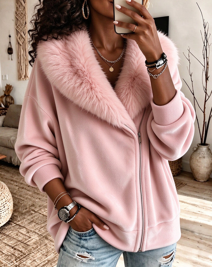 Women's Faux Fur Collar Zip Up Loose Long Sleeve Fleece Jacket