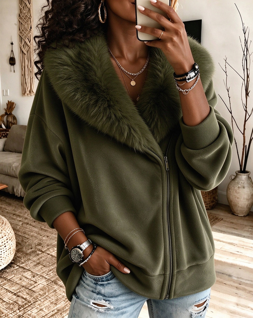 Women's Faux Fur Collar Zip Up Loose Long Sleeve Fleece Jacket