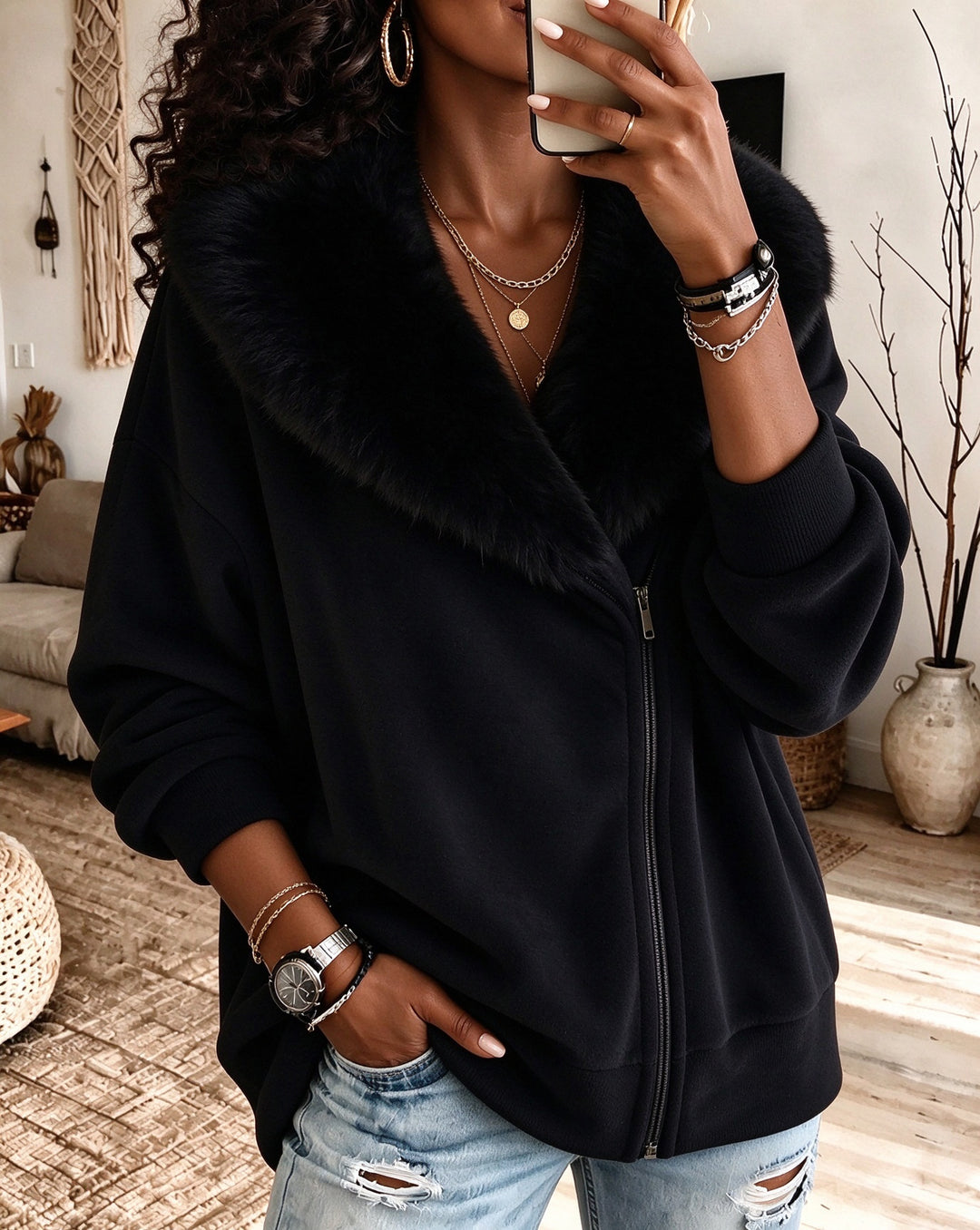 Women's Faux Fur Collar Zip Up Loose Long Sleeve Fleece Jacket