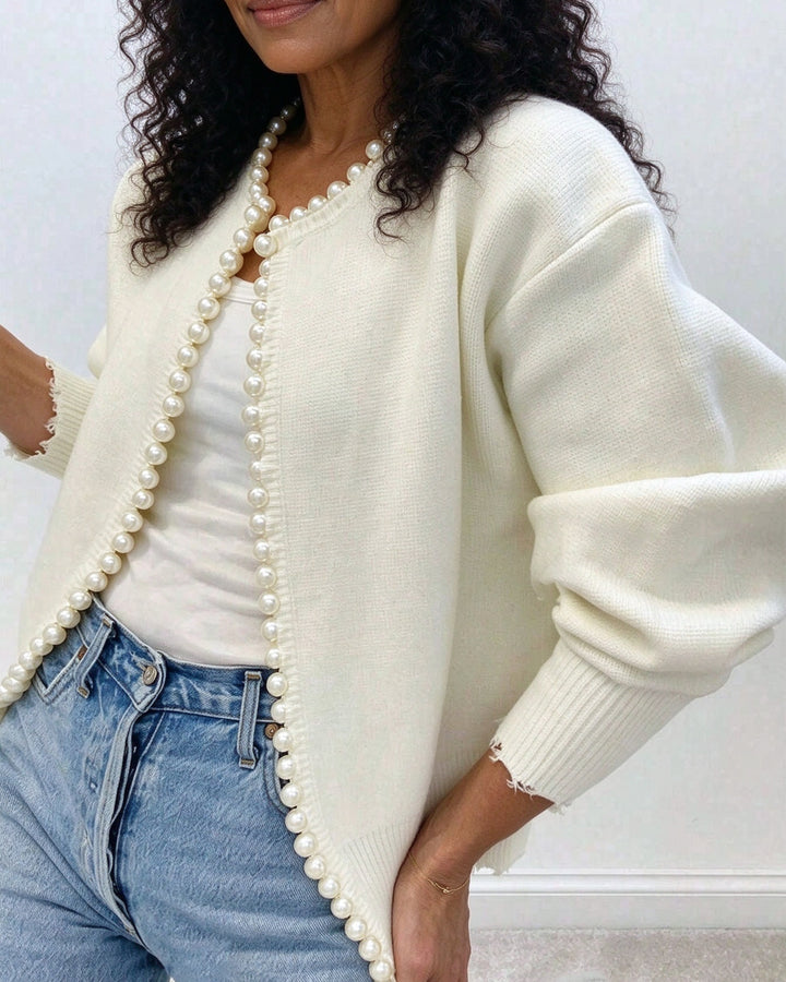 Women Round Neck Pearl Trim Knit Loose Casual Jacket