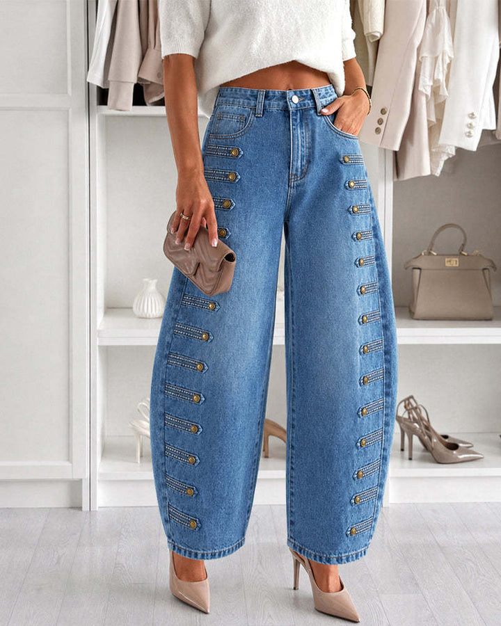 Women's High-Waisted Loose-Fit Wide-Leg Jeans with Button Detail