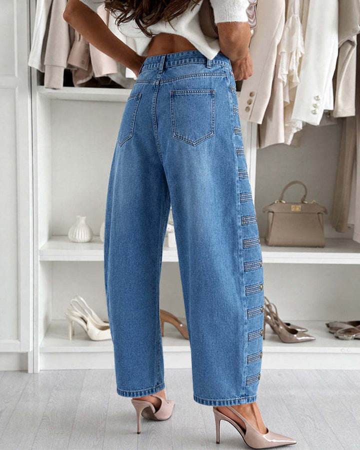 Women's High-Waisted Loose-Fit Wide-Leg Jeans with Button Detail
