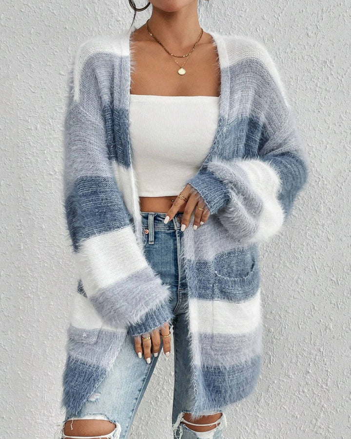 Striped Color-block Knitted Plush Cardigan