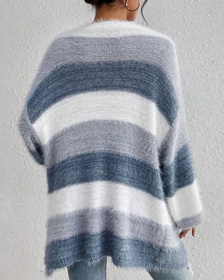 Striped Color-block Knitted Plush Cardigan