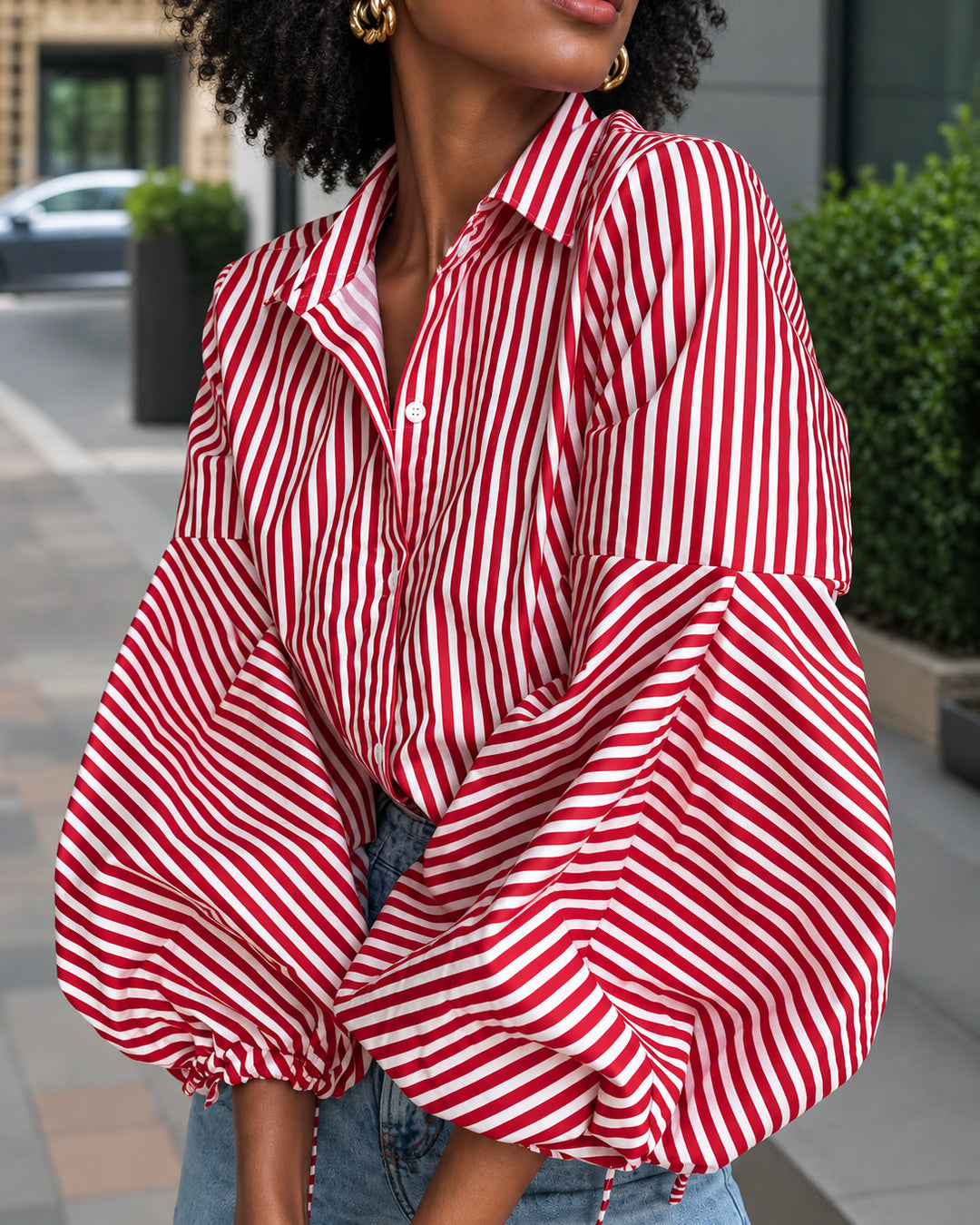 Striped Split-Joint Drawstring Buttoned Puff Sleeves Loose Lapel Blouses&shirts Tops