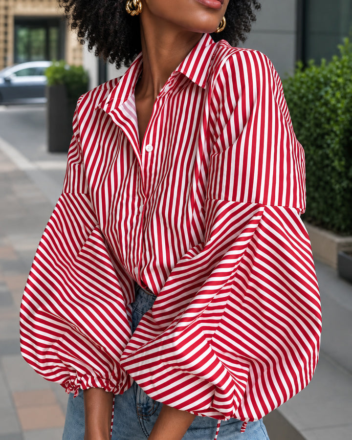 Striped Split-Joint Drawstring Buttoned Puff Sleeves Loose Lapel Blouses&shirts Tops