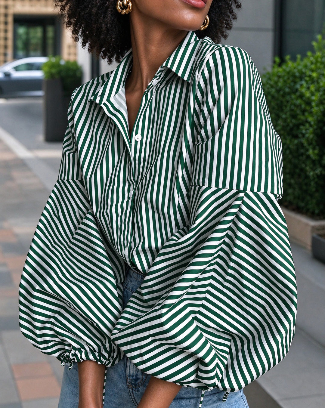 Striped Split-Joint Drawstring Buttoned Puff Sleeves Loose Lapel Blouses&shirts Tops