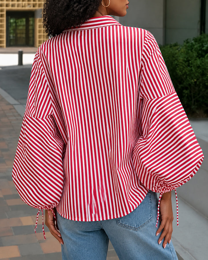 Striped Split-Joint Drawstring Buttoned Puff Sleeves Loose Lapel Blouses&shirts Tops