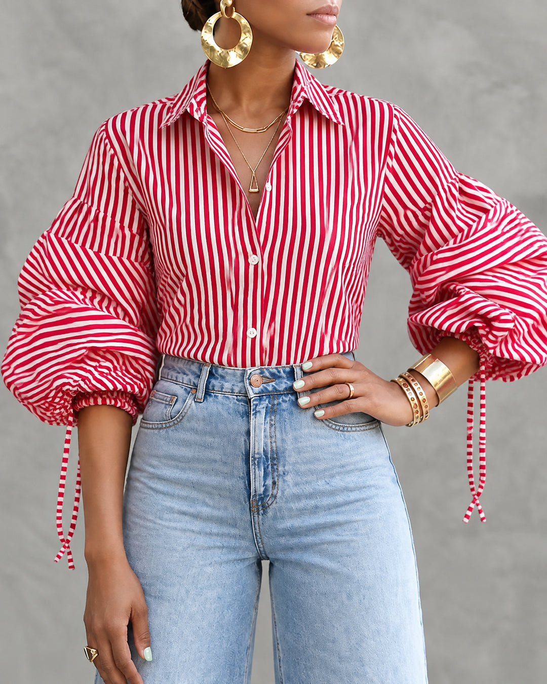 Striped Split-Joint Drawstring Buttoned Puff Sleeves Loose Lapel Blouses&shirts Tops