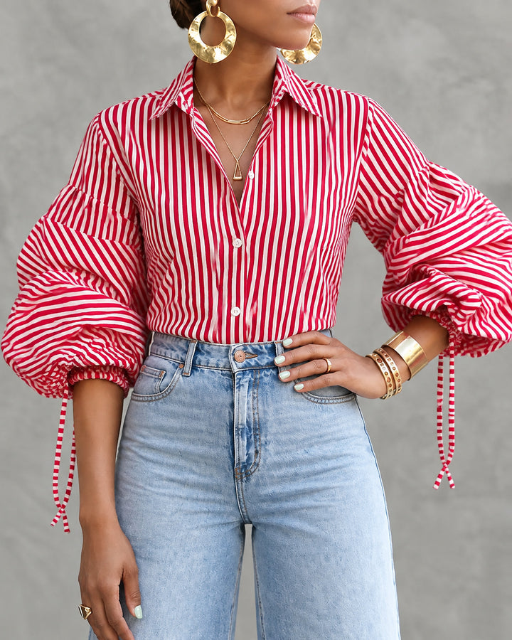 Striped Split-Joint Drawstring Buttoned Puff Sleeves Loose Lapel Blouses&shirts Tops