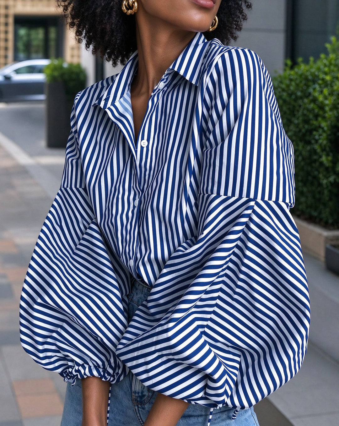 Striped Split-Joint Drawstring Buttoned Puff Sleeves Loose Lapel Blouses&shirts Tops
