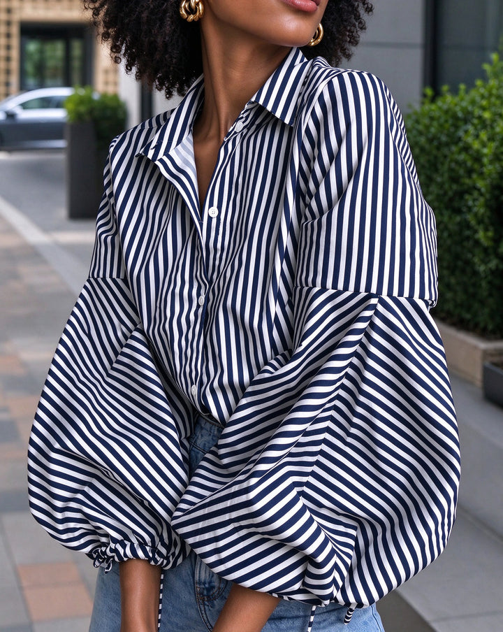 Striped Split-Joint Drawstring Buttoned Puff Sleeves Loose Lapel Blouses&shirts Tops