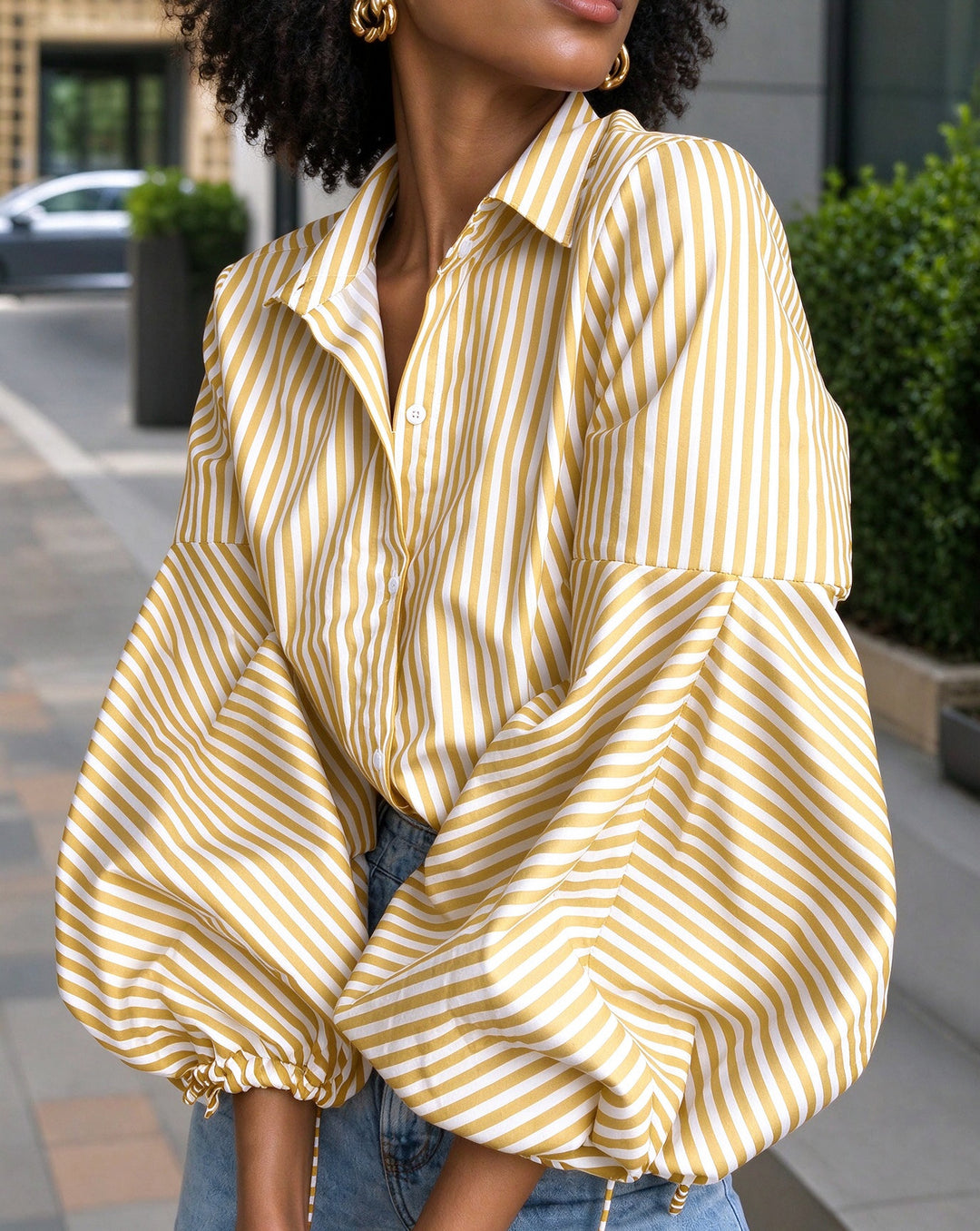 Striped Split-Joint Drawstring Buttoned Puff Sleeves Loose Lapel Blouses&shirts Tops